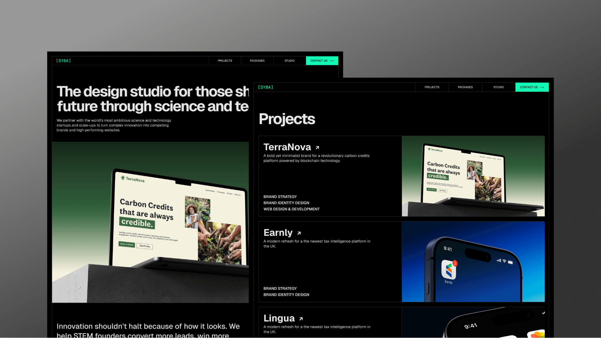 Syba redesign homepage and projects page in dark mode layout